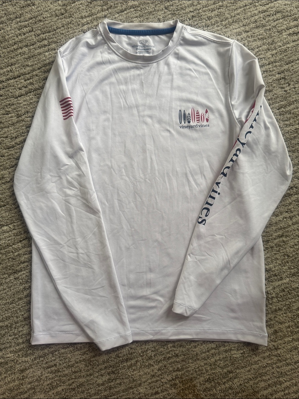 Vineyard Vines White Long-Sleeve Performance Shirt with Red & Navy Accents